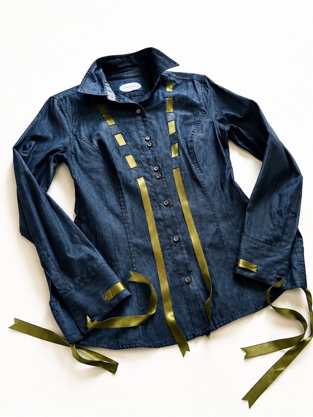 Vintage Rebecca & Drew Blue/Teal Contrasting Ribbons Retro Button Down Shirt 4